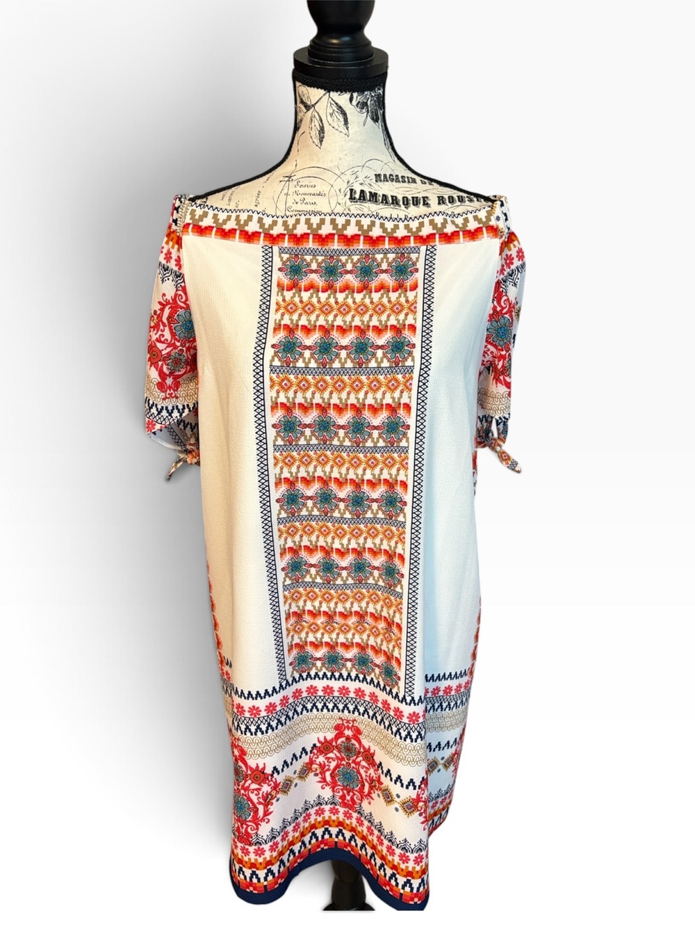 Monteau LA Boho Off The Shoulder Shift Dress Cream Multi Size XL